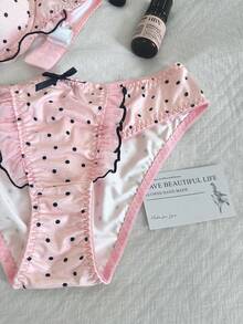 Napfluff Set Bra Push-Up Setengah Cup Motif Polkadot Pink & Hitam dengan Pita untuk Wanita - Coral Pink - View 4