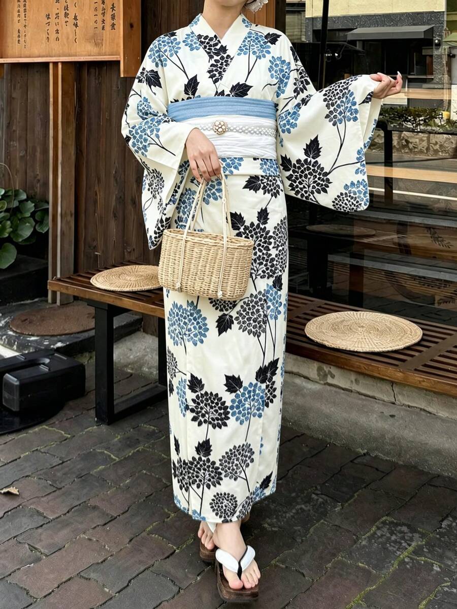 Irokai Japanese Traditional Kimono Festival Celebration Vintage Hydrangea Pattern Women's Modified Two Pieces Yukata Set - Multicolor - View 1