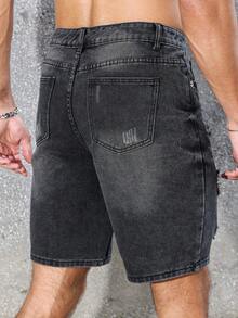 Manfinity Roughcore Men's Denim Shorts, Fashion Suitable For Summer Black Shorts Men S Ripped Shorts - Black - View 2