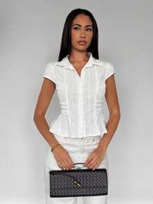 TRNVIE Women's Minimalist Casual Elegant Single-Breasted Blue White Striped Waist-Cinching Fashion Shirt Teachers' Day Office Brunch Summer - White - View 6
