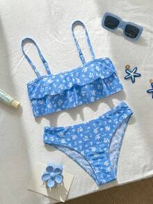 Swim Mod 花卉飾邊可愛甜美復古休閒度假海灘女款泳衣套裝 - 彩色 - 查看 6