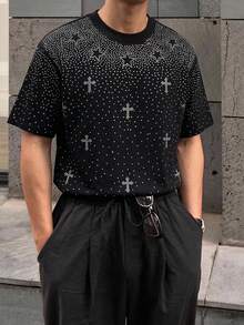 DAZY 黑色水鑽裝飾寬鬆短袖街頭風男士T恤 夏季 - 黑色 - 查看 4