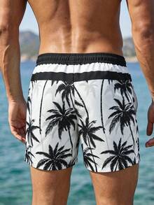 Surfspeed Pantalones cortos de playa con estampado de palmeras y cintura con cordón para hombre de talla grande - Blanco y Negro - Ver 4