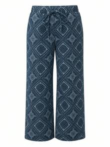 EMERY ROSE Summer Casual Dark Blue Printed Denim Straight Leg Pants Plus Size Women Non Stretch Daily Wear - Medium Wash - View 6