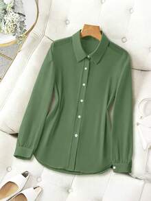 Franclia Camisa básica minimalista de unicolor transparente con cuello vuelto - Verde militar - Ver 3