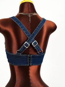 Amplova Women's Sexy Cropped Denim Top With Shoulder Eyelet Buckle Design Summer Tops Party Top Beach Top Going Out Tops Casual Top Y2K Tops Blue Top - Dark Wash - View 2
