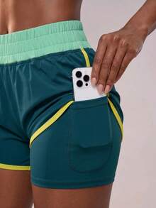 Powerista Green Colorblock Yellow Wide Shoulder Straps Sports Bra And Women's Gym Shorts Set For Running & HIIT Workout Women Summer Gym Sets - Green - View 7