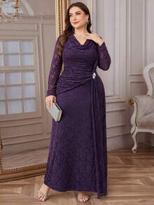 Reflora 大尺碼女款蕾絲圓領長袖荷葉邊繫腰優雅洋裝，黑色蕾絲優雅洋裝，女款秋季服飾，女款冬季服飾，大尺碼秋季服飾，冬季服飾，秋季，女款冬季服飾，夜晚外出，外出穿搭，老錢風女款，適合多種場合，萬聖節，聖誕節，女款秋季服飾，女款冬季服飾，女款約會之夜穿搭，外出穿搭，約會之夜穿搭，2025新款 - 紫色 - 查看 2