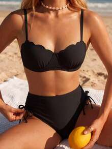SHEIN Swim Plus Size 2026 Spring/Summer Hot-Selling New Digital Print Push-Up Underwire Shell Hard Cup Swimwear With Detachable Adjustable Shoulder Straps, Easy On/Off High-End Metal Back Clasp, Traditional Sexy High-Waist Triangle Bikini Bottom With Side Tie-Up Adjustable Design, Casual Fashion Vacation Beach Swimwear - Brown - View 6