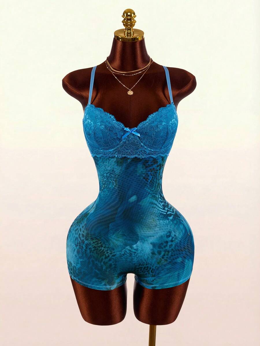 Amplova Women's Sexy Lace Patchwork Leopard Print Fitted Romper, Summer - Blue - View 1