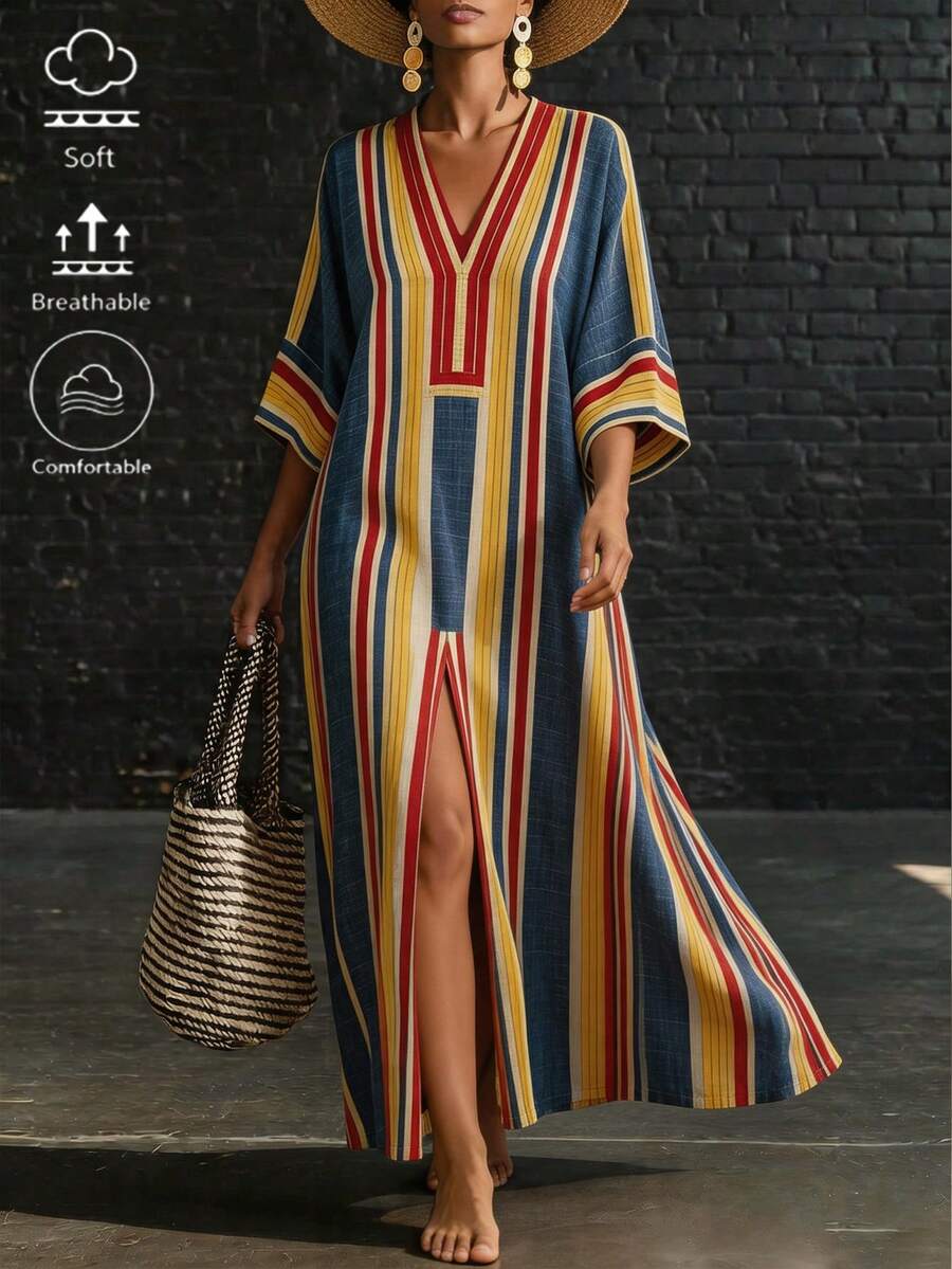 Omancia Robe femme élégante, mode, décontractée, confortable, charmante, rétro, minimaliste, Top de gamme, romantique, vacances, station balnéaire, décontractée, bord de mer, mi-longue, col V, ample, fendue, imprimé rayé coloré, texture - Multicolore - Voir 1