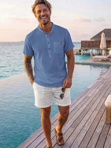 Manfinity RSRT Men's Casual Solid Color Short Sleeve Half Button Placket Top, Summer, Holiday - Blue - View 3