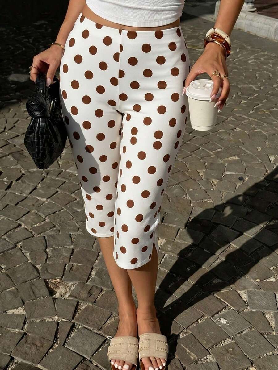 SHEIN PariChic 法式優雅棕色波點七分褲,夏季穿搭,外出穿搭,白色褲子 - 棕色 - 查看 1