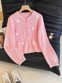 SHEIN Franclia 女款 3D 花卉裝飾單排扣休閒日常開襟衫 - 粉色 - 查看 1