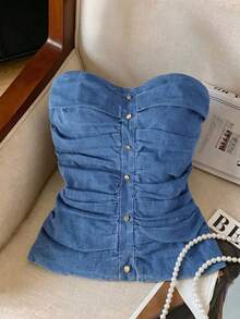 GlowEve Women's Ruched Bandeau Denim Top - Blue - View 7