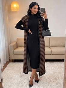 SHEIN Lady 女款棕色千鳥格撞色條紋開襟外套背心上衣 春夏秋百搭單品 大尺碼夾克 - 棕色 - 查看 8