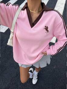 Muchica 女款秋冬保暖內裡對比色織帶POLO領刺繡寬鬆運動衫 - 淺粉色 - 查看 3