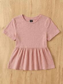 SHEIN EZwear 蓮藕粉針織女款圓領短袖荷葉邊下擺T恤 - 藕粉色 - 查看 3
