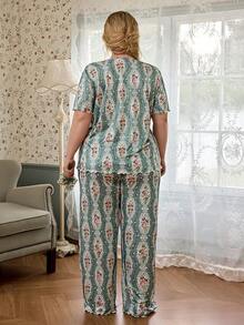 CottageSlumber Floral Print Lace Trim Short Sleeve Long Pants Plus Size Pajama Set - Green - View 3