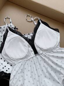 Comfortcana 女款黑白波點拼接黑色蕾絲飾邊家居服2件套，極簡性感優雅可愛 - 彩色 - 查看 4