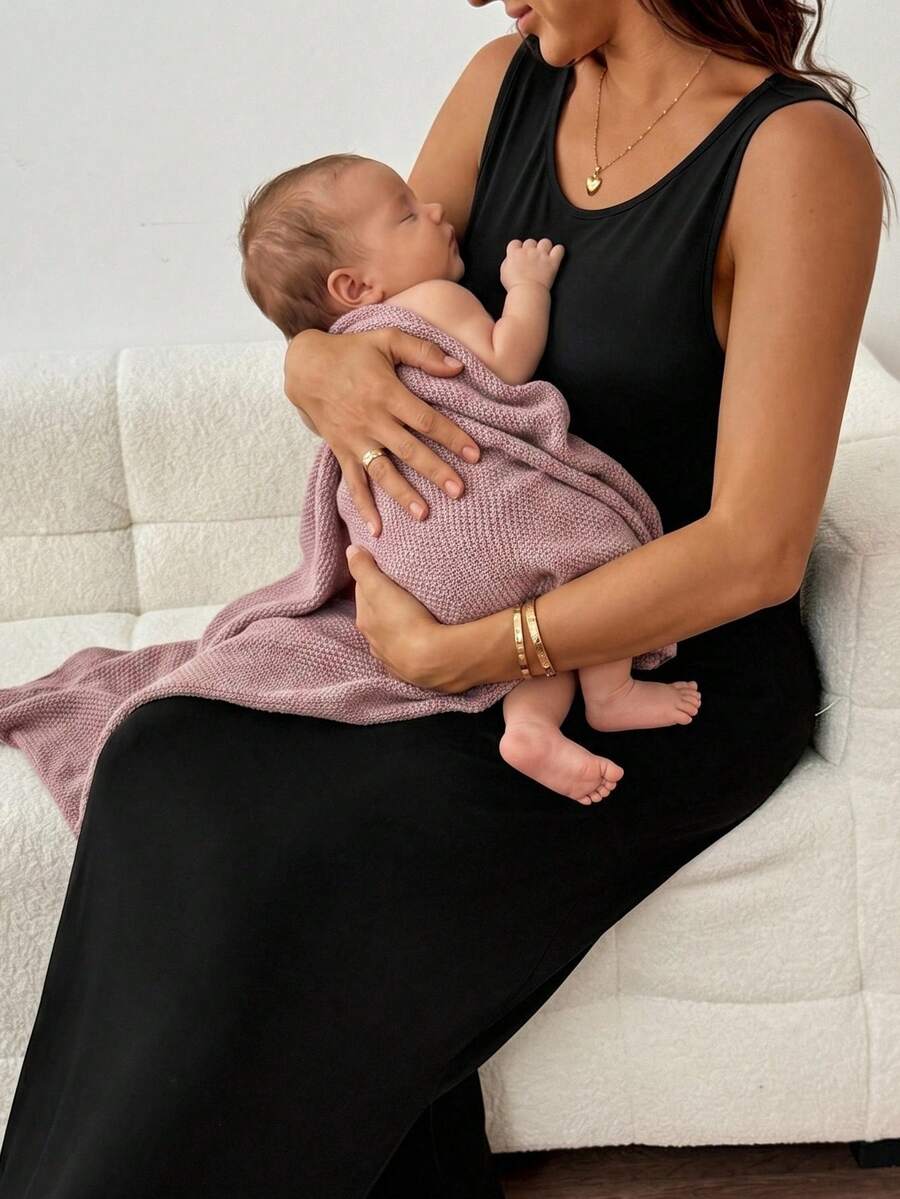 Slowluna Maternity Solid Color Round Neck Side Slit Hem Fitted Tank Dress Loungewear - Black - View 1