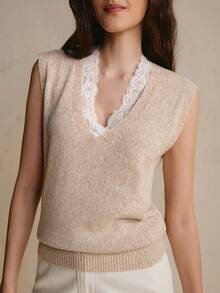 CielaLinda Women's Knit Sweater Vest Top, Lace Patchwork Cap Sleeve Tank, Sleeveless Knit Top - Camel - View 6