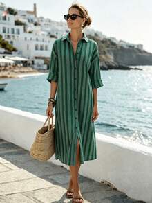 Louniche Women's Elegant Tropical Fashion Commuter Casual Comfortable Charming Vintage High-End Holiday Vacation Seaside Mid-Length Sleeve Shirt Collar Dress - Dark Green - View 1