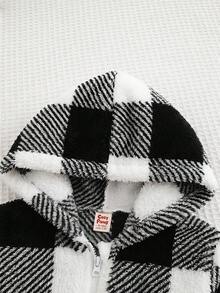 Cozy Pixies 女嬰休閒百搭格紋連帽保暖內裡中厚開襟冬季外套 - 黑與白 - 查看 6