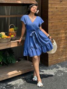 EMERY ROSE Women's Plus Size V-Neck Tie-Front Ruffle Denim Sweet Casual Daily Mini Dress - Blue - View 3