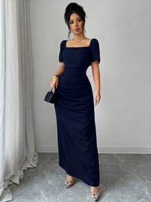 SHEIN Elenzya Short Sleeve Square Neck Cinched Waist Elegant Romantic Exquisite Women's Dress - Navy Blue - View 6