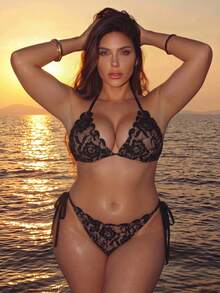 SHEIN CURVE+ Set Bikini Renda Seksi Wanita Ukuran Besar untuk Pantai, Liburan, dan Pesta Kolam Renang - Hitam - View 4