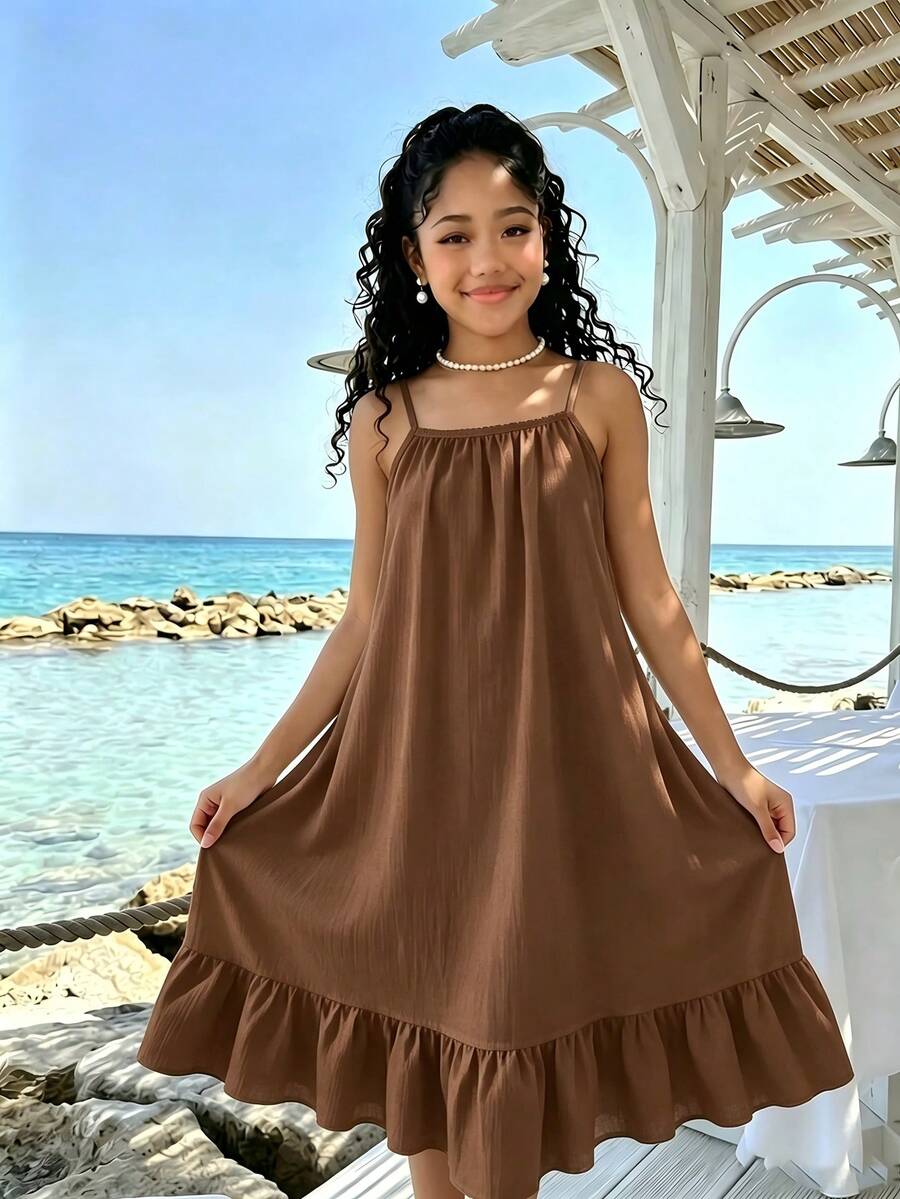 SHEIN Sparklyn 青少年女孩休閒返校杏色條紋細肩帶無袖荷葉邊下擺喇叭裙式背心洋裝 - 棕色 - 查看 1