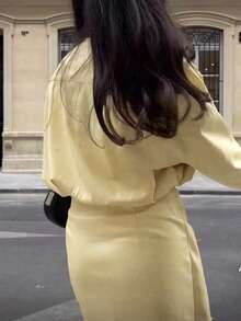 Cévolie Women's Fashion Pure Cotton Tie-Front Mini Wrap Dress, Spring/Autumn - Yellow - View 3