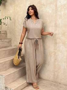 SHEIN Frenchy Plus Size Summer Casual Striped Shirt And Pants 2 Pieces Set - Khaki - View 6