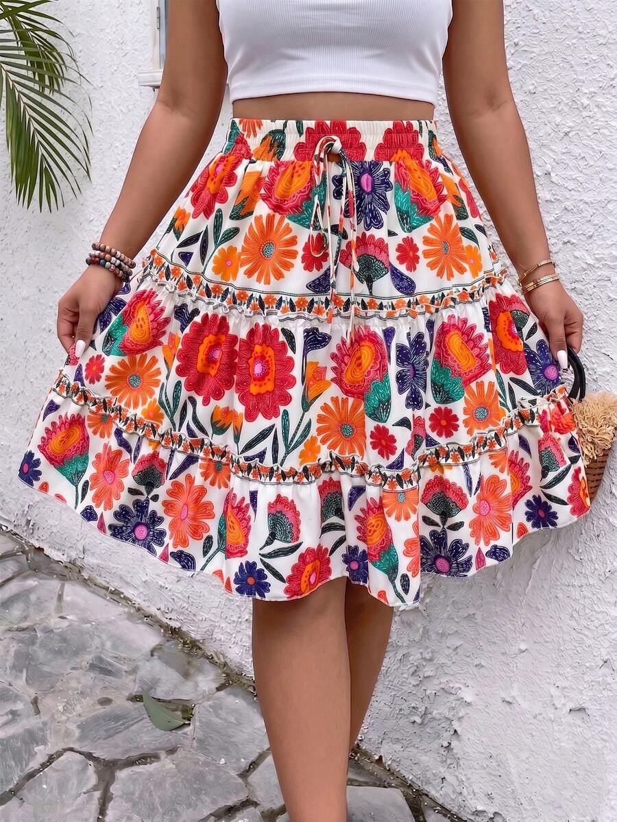 EMERY ROSE Plus Size Vacation Fashion Floral Print Ruffle Hem Mini Skirt Beach White Summer Bohemian - White - View 1