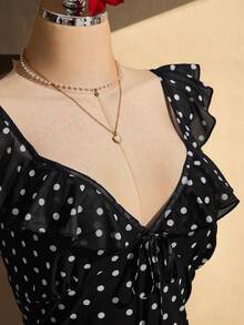 SHEIN ICON 大尺碼女款黑白波點荷葉邊下擺洋裝 - 黑與白 - 查看 7