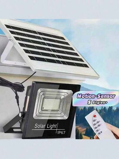 1 Faretto solare super luminoso, ad alta luminosità per esterni, con sensore di movimento, telecomando regolabile, pannello in vetro resistente, alimentato a energia solare, faretto, sensore di movimento, regolabile