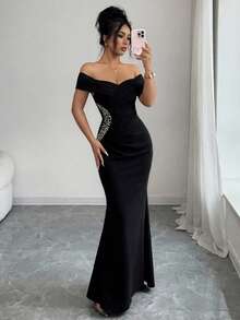 Elenzga Damenkleid mit Off-Shoulder Ausschnitt, tailliert, gerafft, figurbetont, Meerjungfrau-Saum, asymmetrisch, mit Strass-Dekor, elegant, romantisch und exquisit - Schwarz - Übersicht 7