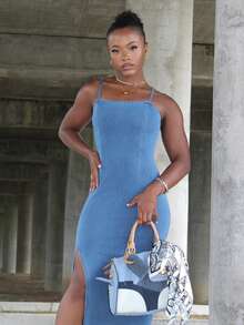 Steph T Robe en jean sexy pour femmes avec fente latérale haute et bretelles spaghetti, bleu, vêtements Y2K décontractés pour femmes - Bleu azur - Voir 4
