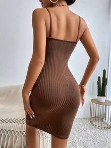 INAWLY Vestido ajustado de tirantes tejido de canalé - Café integral - Ver 2