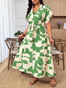 Weeklong Plus Size Women's Color Block Print Shirt Dress, Short Sleeve, Cinched Waist With Belt, Long Length, Spring/Summer, Mature Elegant, Versatile - Green - View 6