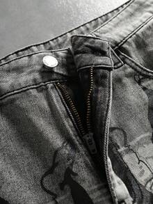ROMWE MEN Street Life Men's Distressed Vintage Cupid Print Denim Shorts - Black - View 5