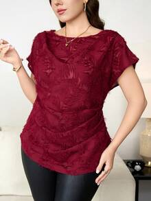 SHEIN Clasi 大尺碼女款提花百褶休閒百搭日常外出襯衫 - 紅色 - 查看 6