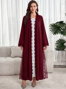 Al Najma 女款蕾絲拼接休閒百搭派對與旅行長袍 - 酒紅色 - 查看 6