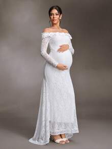 Cheriluna Maternity 孕婦純色蕾絲露肩魚尾洋裝 - 白色 - 查看 7