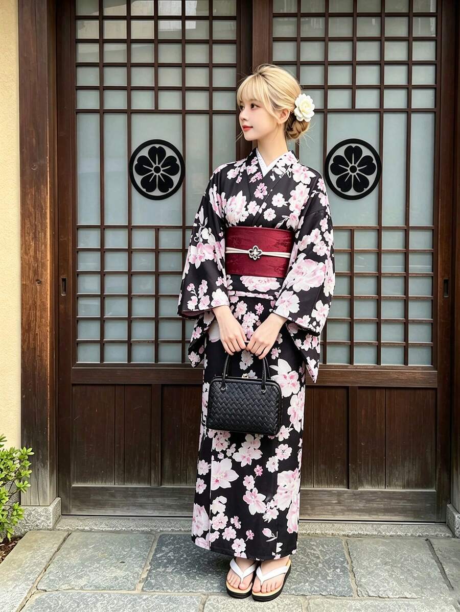 Irokai Kimono Tradisional Jepang Motif Bunga Wisteria Bulan Biru Ungu, Set Yukata Dua Potong Modifikasi untuk Wanita - MultiWarna - View 1