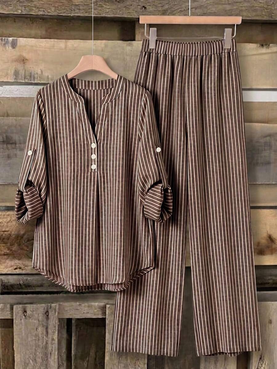 Rusticease Women's Minimalist Button Striped Colorblock Shirt And Loose Long Pants 2 Pieces Set - Brown - View 1
