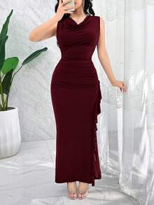 Modelyn Women's Solid Color Cowl Neck Pleated Patchwork Ruffle Elegant Sexy Sleeveless Dress Dinner Burgundy Summer - Burgundy - View 5