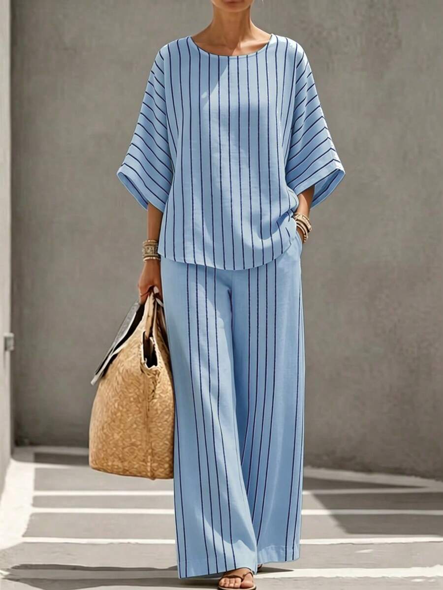 SHEIN Holidaya 法式休閒風條紋喇叭袖兩件式套裝-夏季度假顯瘦寬鬆透視上衣與寬腿褲套裝 - 藍色 - 查看 1