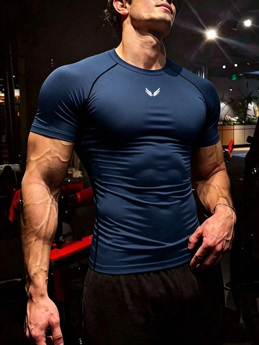 GymBeat Men's Wing Print Raglan Short Sleeve Sports T-Shirt - Royal Blue - View 1